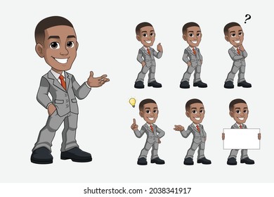 set of black young business man cartoon mascot character in grey suit premium vector