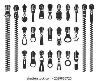 Set of black zipper silhouettes vector flat illustration. Collection of close and open zip with fastener isolated. Different buttoned, lock and unlock textile security equipment. Metallic separating