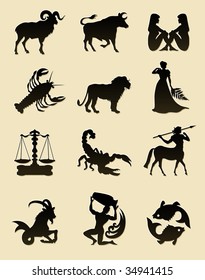 set of black zodiac astrology icons for horoscope - vector illustration