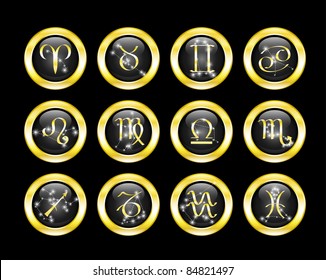 Set of black zodiac buttons decorated zodiac constellations