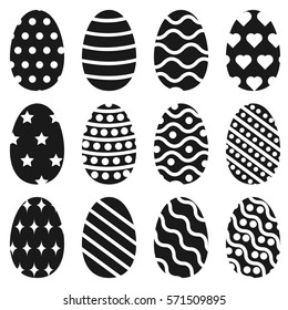 A set of black-and-white decorative ornamental easter eggs silhouette vector illustration on white background