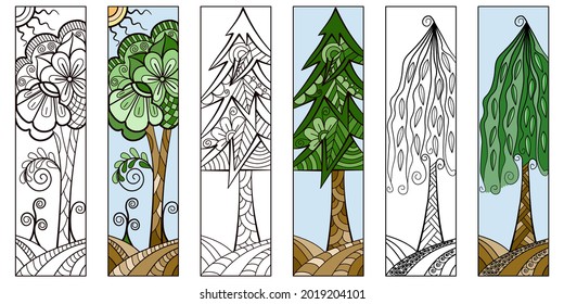 A set of black-and-white drawings of trees for bookmarks. An anti-stress coloring page for children and adults. Decorative elements for design