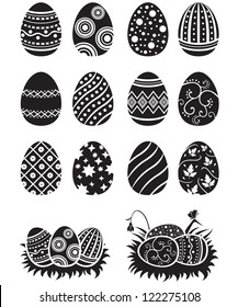 A set of black-and-white easter eggs decorated with ornament