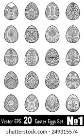 A set of black-and-white easter eggs decorated with ornament