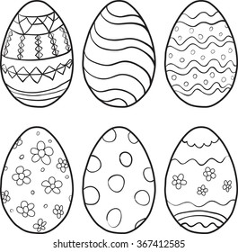 A set of black-and-white easter eggs decorated with ornament. Doodle hand drawn style.