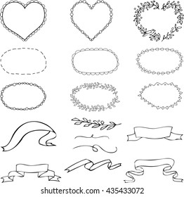 set of black-and-white frames oval shape, shape of heart and ribbons