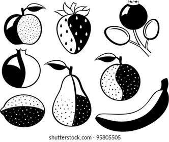 Set of black-and-white fruit and berries