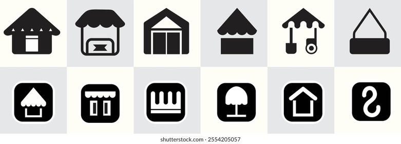 A set of black-and-white icons featuring various market stall, shop, and storefront designs, including awnings, kiosks, and abstract symbols for commerce and retail.