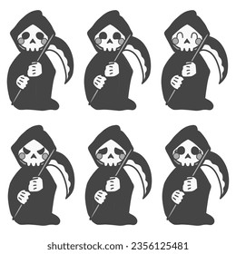 A set of black-and-white illustrations of cute deformed reapers with various expressions.