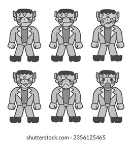 A set of black-and-white illustrations of cutely deformed Frankenstein with various expressions.