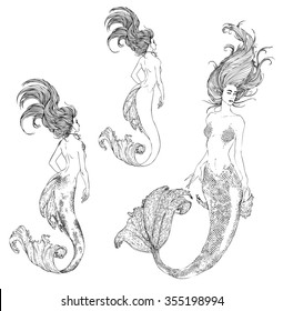 Set: Black-and-white ink Sketch of the mermaid. Vector illustration.