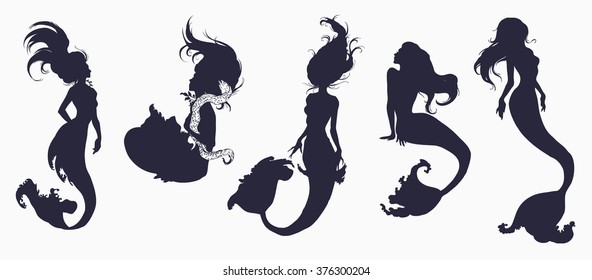 Set: Black-and-white ink Sketch of the mermaid. Hand drawn black and white sketch of singing mermaid with moray eel. Vector illustration. Silhouette.