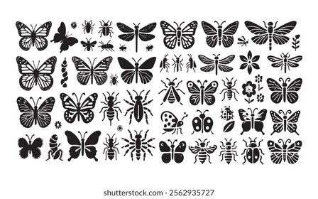 Set of black-and-white insect illustrations featuring butterflies, dragonflies, beetles, and bees in minimalist and decorative styles. Great for nature and design projects