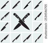 A set of black-and-white kitchen knives. Vector illustration. Bread knife, chef