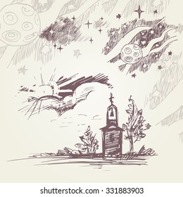A set of black-and-white line drawings with the church, tree, sky, clouds, stars and the cosmos.