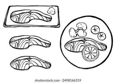 set of black-and-white line drawings of salmon dishes and salmon illustrations