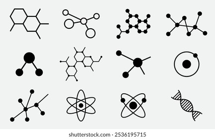 Collection d'icônes représentant des structures moléculaires et atomiques en noir et blanc, représentant des concepts scientifiques et chimiques