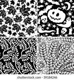 Set of black-and-white seamless floral and Halloween ornaments