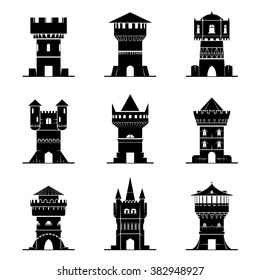 Set of black-and-white tower icons. Vector collection of symbols for medieval buildings