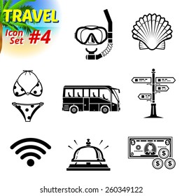 Set of black-and-white travel icons. Vector collection of symbols for tourism and vacation. Qualitative vector signs about travel, hotel, tourism, vacation, trip, booking, etc. It has only solid color