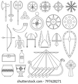 Set of black-and-white vector illustrations for the design of Viking's life. 