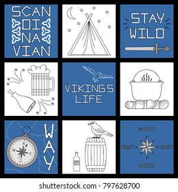 Set of black-and-white vector illustrations for the design of Viking's life. 