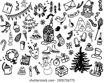 A set of black-and-white vector illustrations on a winter theme drawn by hand by a liner. Theme of holidays, holidays, New year, Christmas.