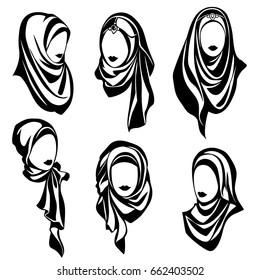 Set of black-and-white vector logos of Muslim oriental girls in hijab, collection of stylized Islamic women for design