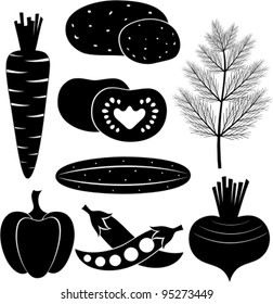 Set of black-and-white vegetables