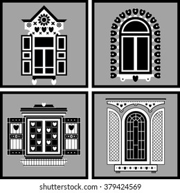 set of black-and-white windows isolated on gray background
