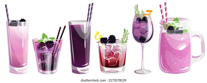 Un conjunto de cócteles de mora negra. Bebidas refrescantes de verano en diferentes vasos. Smoothie de Blackberry, batido de moras, zumo de morera.