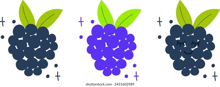 Set of blackberry,bramble,dewberry isolated on white. Vector illustration in doodle style. Cute flat style. blackberry with kawaii eyes.Funny hand draw fruit piece. Dark blue and green colors.