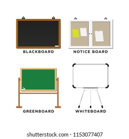 Set of blackboard, greenboard, whiteboard and notice board