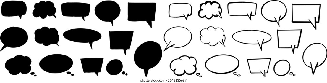 Set of black-filled and outlined speech and thought bubbles in various comic styles. Perfect for monochrome designs, comics, stickers, and social media templates. Vector EPS 10