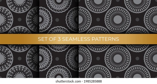 Set of black-gray seamless patterns with luxury decorative ornaments. Good for murals, textiles, and printing. Vector illustration.