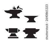 Set of Blacksmith Anvil Silhouettes with Hammer Icon, Vector Blacksmith Tool Icons for Metalwork, Craftsmanship, Industrial Design Elements, DIY Workshop Graphics, Vintage Forging Symbols