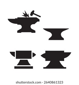 Set of Blacksmith Anvil Silhouettes with Hammer Icon, Vector Blacksmith Tool Icons for Metalwork, Craftsmanship, Industrial Design Elements, DIY Workshop Graphics, Vintage Forging Symbols