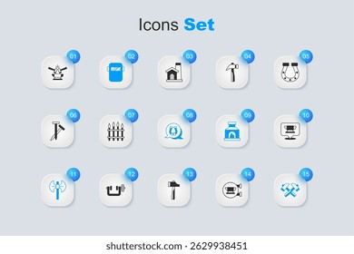 Set Blacksmith anvil tool, Classic iron fence, Welding mask, Medieval poleaxe, Crossed hammer, Anvil and and Horseshoe icon. Vector