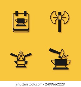 Conjunto de herramienta de yunque de herrería, yunque y martillo, e icono de polea medieval con sombra larga. Vector