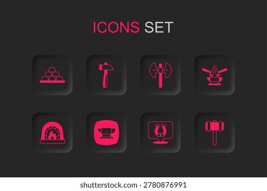 Set Blacksmith anvil tool, Hammer, Gold bars, Horseshoe, Anvil and hammer, Sledgehammer, Medieval poleaxe and oven icon. Vector