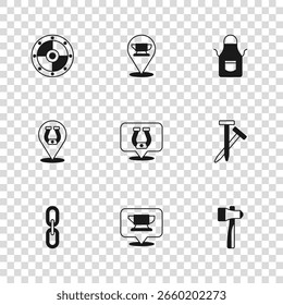 Definir ferramenta de bigorna ferreiro, pregos metálicos, martelo, ferradura, avental, escudo redondo e ícone. Vetor