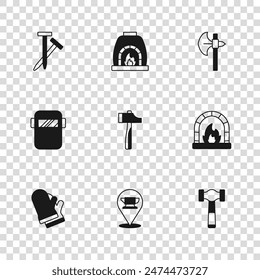 Set Herrero Yunque herramienta, horno, martillo, hacha medieval, clavos metálicos, y soldadura máscara icono. Vector