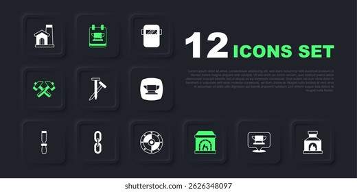 Set Blacksmith anvil tool, oven, Metallic nails, Crossed hammer, Chain link,  and Round shield icon. Vector