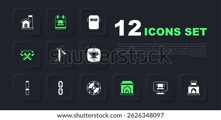 Set Blacksmith anvil tool, oven, Metallic nails, Crossed hammer, Chain link,  and Round shield icon. Vector