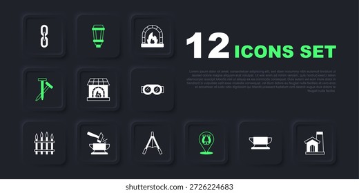 Conjunto de herramienta de yunque de herrería, interior de taller de herrería, horno, herradura, clavos metálicos, yunque y martillo, lámpara de luz de jardín e icono de fuelles de soplador de aire. Vector