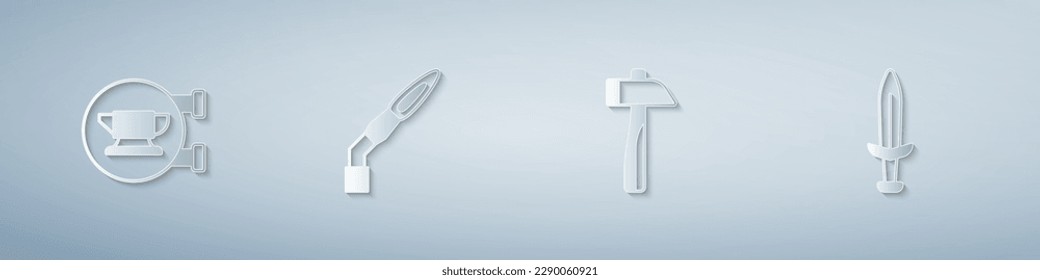 Set Blacksmith anvil tool, Welding torch, Hammer and Medieval sword. Paper art style. Vector