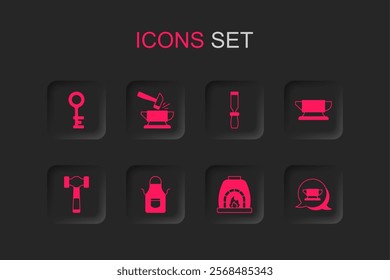 Set Blacksmith apron, Anvil and hammer, Old key, oven, anvil tool, Rasp metal file and Hammer icon. Vector