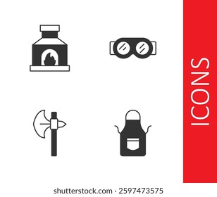 Set Blacksmith apron, oven, Medieval axe and Welding glasses icon. Vector