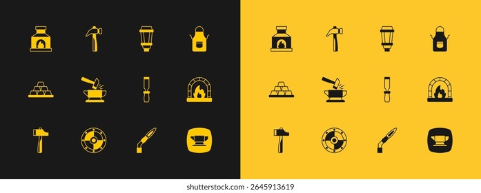 Definir Avental de Blacksmith, Escudo redondo, arquivo de metal Rasp, tocha de soldadura, bigorna e martelo, lâmpada de luz de jardim, forno e ícone de martelo. Vetor