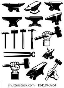 Set of blacksmith design elements. Anvil, hammers, blacksmith tools. For logo, label, sign, badge. Vector illustration